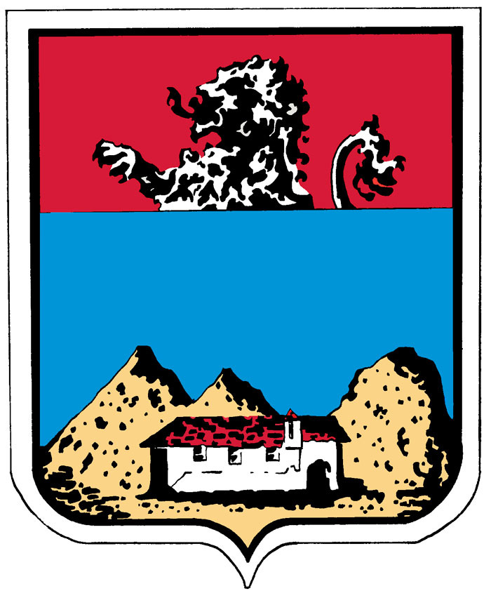 Le blason de la commune de Collonges au Mont d'Or est divisé en partie. La partie supérieure est sur fond rouge et représente un lion qui rugit de côté. La deuxième est sûre fond bleu et représente une maison blanche à la toiture rouge au milieu de montagnes.