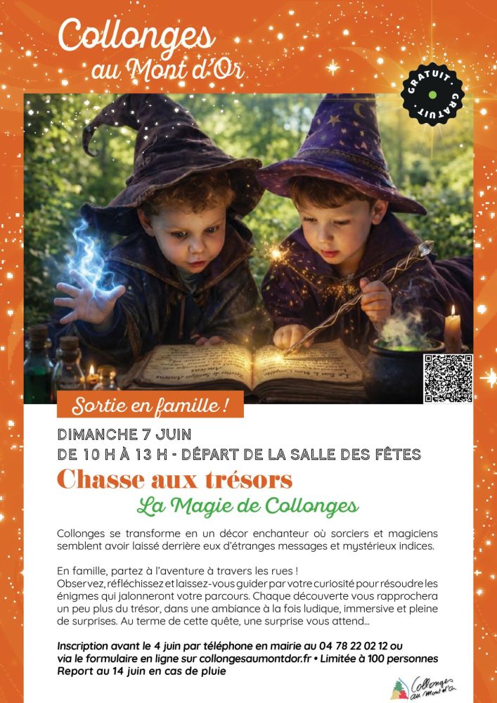 affiche présentant l'évènement de la chasse aux trésors où deux enfants plongent dans la magie d'un grimoire ancien...