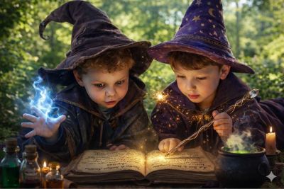 deux enfants plongent dans la magie d'un grimoire pour y déchiffrer des énigmes...